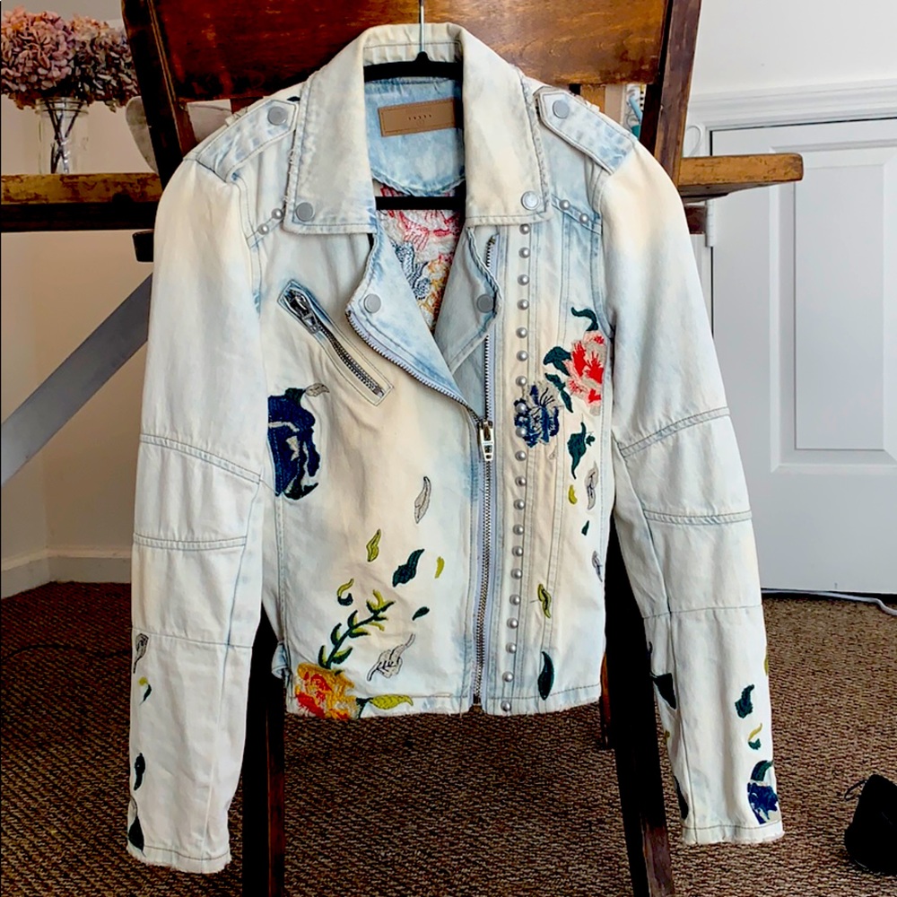 Acid Wash Embroidered Zip Jacket